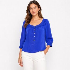 Trina Turk Silk Blouse Women Small Cobalt Blue 3/4 Sleeve Button Top Chic Luxury